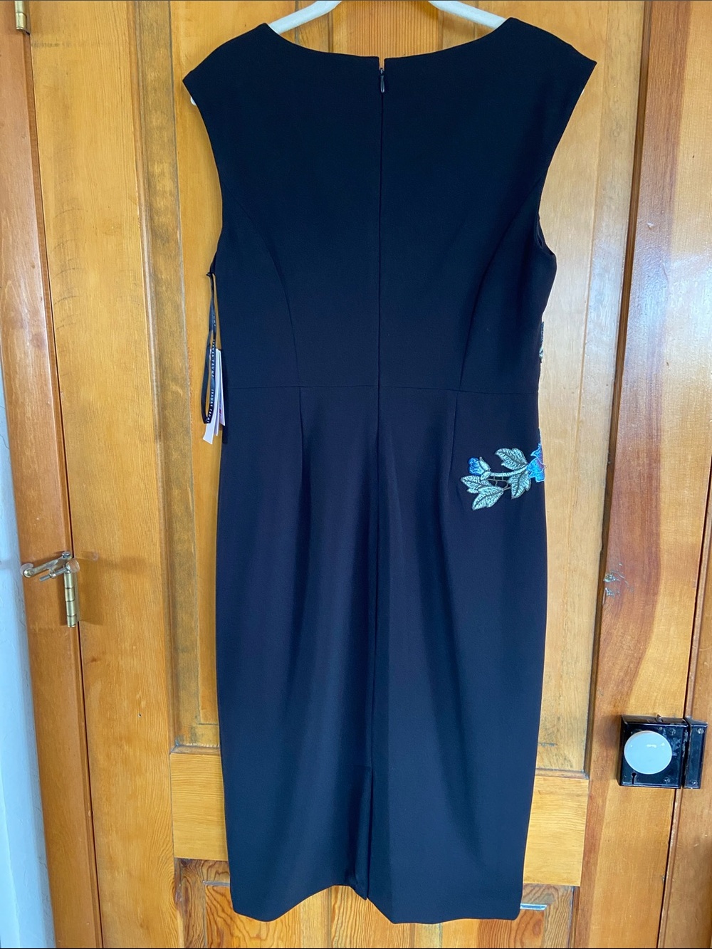Ivanka Trump Black Midi Dress with Blue Floral & Green Leaf Embroidery - Picture 5 of 6